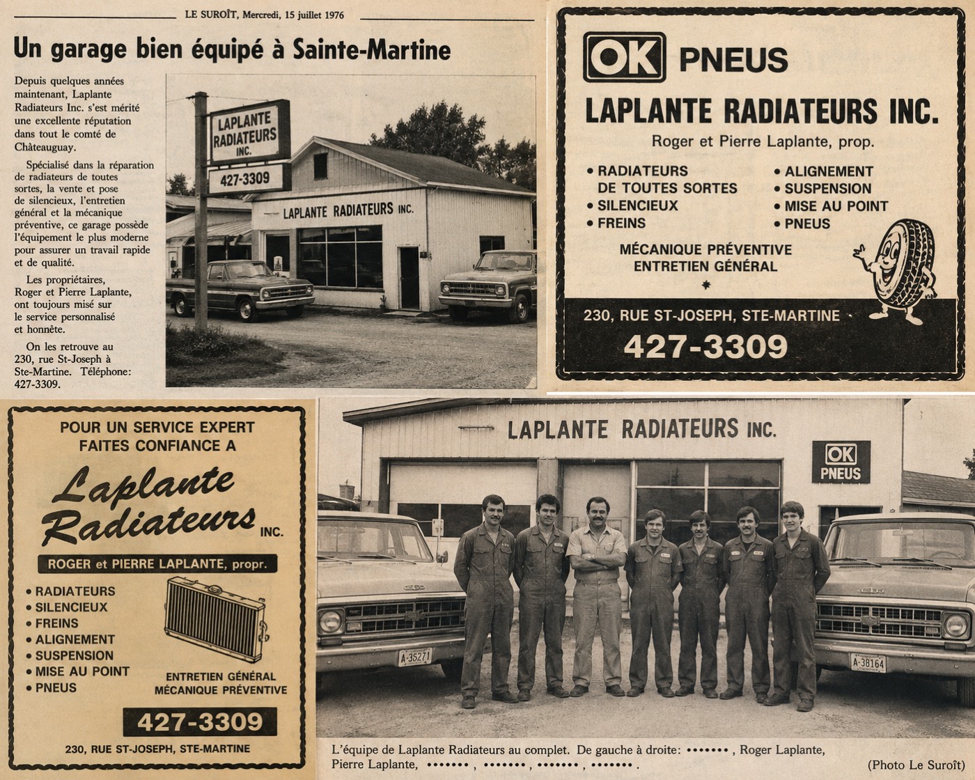 Coupures du journal Le Suroît du 15 juillet 1976 : l'article « Un garage bien équipé à Sainte-Martine », deux publicités de Laplante Radiateurs inc. et la photographie de l'équipe devant l'atelier