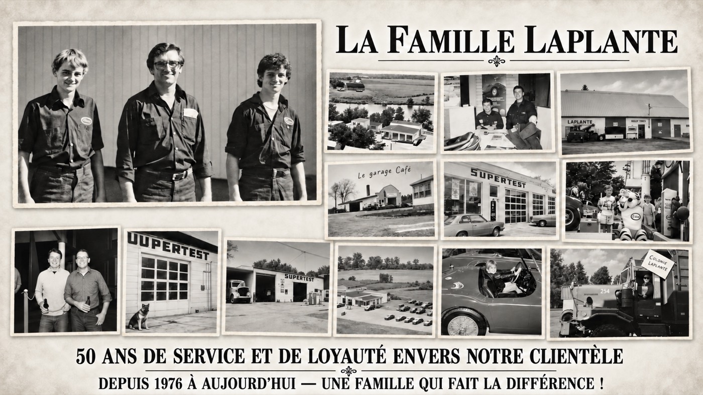 Montage de photographies d'archives intitulé « La Famille Laplante » : trois hommes en habit de travail devant le garage, le bâtiment au fil des années, les enseignes Supertest et Laplante, et un camion « Colonie Laplante »