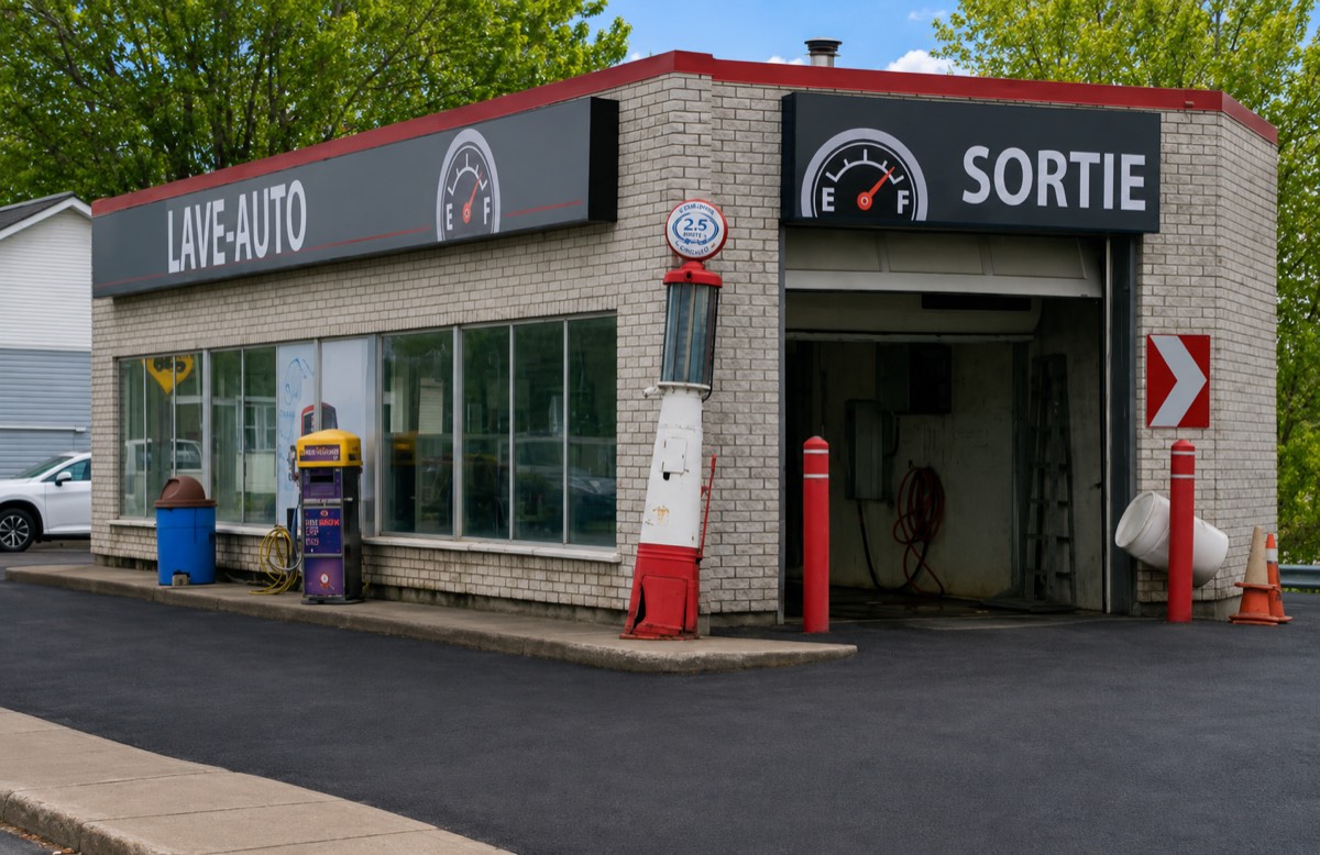 Le lave-auto du Garage Laplante à Sainte-Martine, avec sa baie de sortie et sa borne de paiement